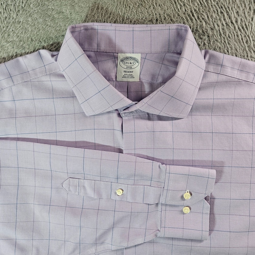 Brooks Brothers 1818 Dress Shirt Men 17.5 6/7 Button Up Long Sleeve Purple Plaid